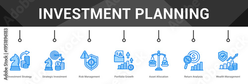 Investment Planning  Modern and clean web banner illustration vector featuring thematic icons