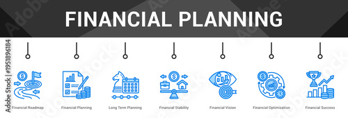 Financial Planning  Modern and clean web banner illustration vector featuring thematic icons