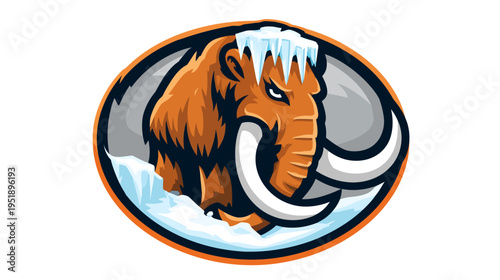 A cartoon image depicting an angry, furry woolly mammoth encased in a circular design