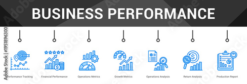 Business Performance  Modern and clean web banner illustration vector featuring thematic icons