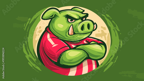 Animated illustration of a green, angry, muscular pig in a red striped shirt with crossed arms