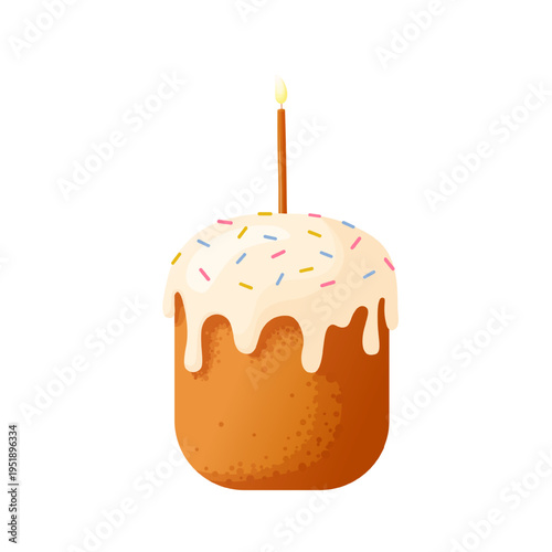 Easter cake with white icing, colorful sprinkles and lit candle. vector style. Traditional sweet bakery object for holiday greeting cards, church flyers, packaging, seasonal branding, print design.
