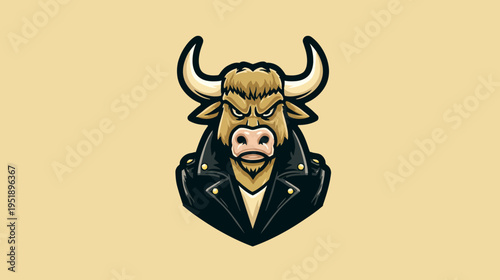 Cartoon-styled bull wearing a black leather jacket, with angry expression and curled horns