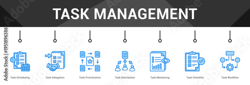Task Management  Modern and clean web banner illustration vector featuring thematic icons