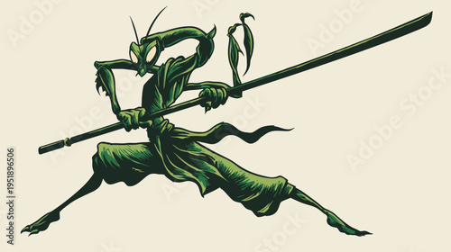 A green insect warrior, in motion with a staff against a beige background