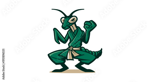 A green insect, dressed in a karate gi, assumes a defensive stance