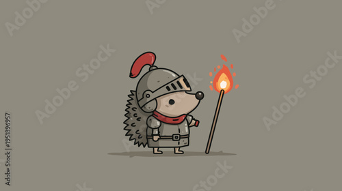 A cartoon hedgehog wearing armor and helmet, carrying a lit torch, set on a simple background
