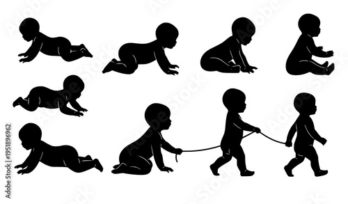 Infant posture movement silhouettes vector baby growth development icon set