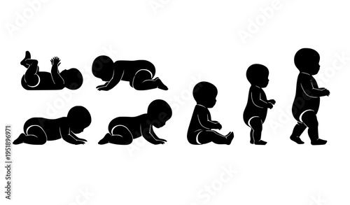 Baby development stages silhouettes vector infant growth crawling to walking sequence