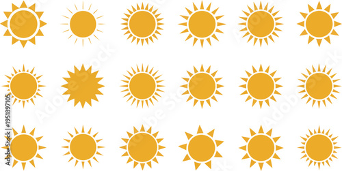 A diverse collection of eighteen yellow sun icons with various ray shapes displayed on a white surface