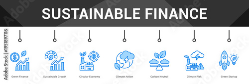 Sustainable Finance  Modern and clean web banner illustration vector featuring thematic icons