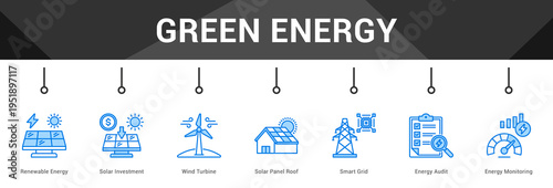 Green Energy  Modern and clean web banner illustration vector featuring thematic icons