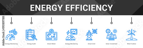 Energy Efficiency  Modern and clean web banner illustration vector featuring thematic icons