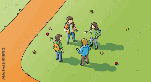 cartoon illustration of kids playing with apples on green grass field