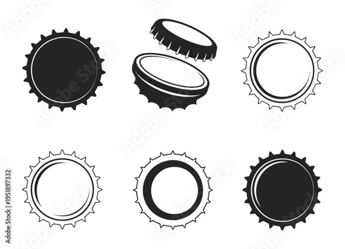 Bottle Cap Icons Vector Set Beverage Lid Metal Plastic Seal Drink Packaging Container Closure Round Top Soda Beer Water Design Illustration