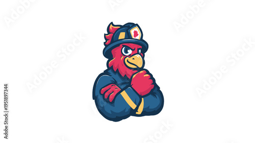 A stylized avian character wearing a firefighter's helmet and jacket, arms crossed