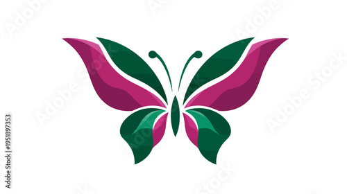 A vibrant butterfly illustration showcasing layered wings in shades of green and pink, set against a white background