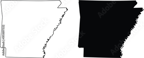 A black and white line drawing and a solid black silhouette of the state of arkansas in the usa Vector