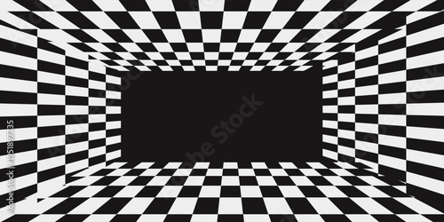 Chess perspective room background. Black and white chess board perspective room texture. Chess board pattern surface. Fading and disappearing chess board background. Abstract vector illustration.