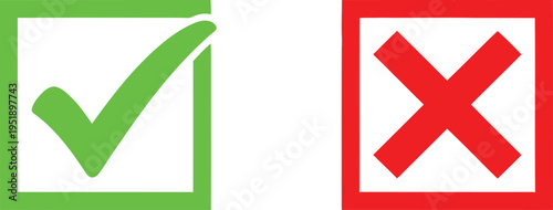 A green check mark and a red cross symbol displayed side by side against a plain white background Vector