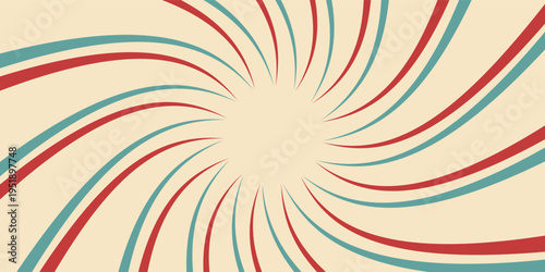 Circus or carnival rays background layout with vector grunge texture. Retro spiral pattern with red, white and blue radial stripes of vintage circus, carnival, fair or chapiteau big top tent
