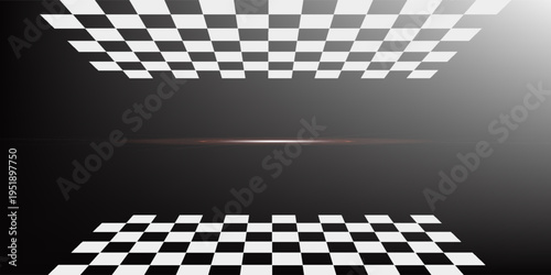 Chess perspective room background. Black and white chess board perspective room texture. Chess board pattern surface. Fading and disappearing chess board background. Abstract vector illustration.