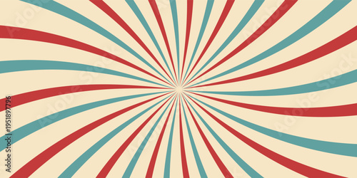 Circus or carnival rays background layout with vector grunge texture. Retro spiral pattern with red, white and blue radial stripes of vintage circus, carnival, fair or chapiteau big top tent