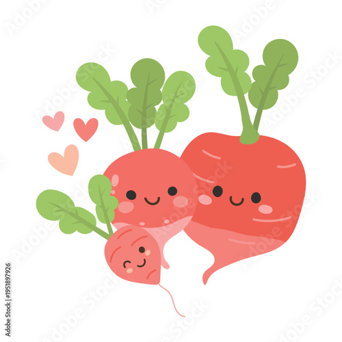 Radish kawaii happy with young cartoon simple for art beetroot character. Mascot piece red radishes with radish turnip for cute vector illustration. Icon leaf radish with background young