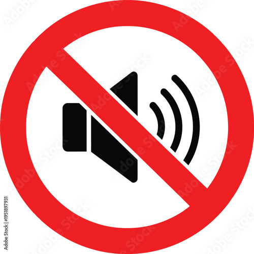 A red prohibition sign superimposed over a black speaker icon indicating no sound is allowed here Vector