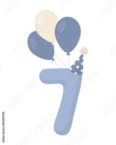 Seventh birthday, number seven, soft blue, with a party hat and a bouquet of balloons. Flat vector illustration for boy's first birthday invitations, greeting cards, nursery decor, party posters