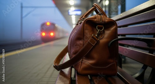 Leather bag on bench at foggy train station platform