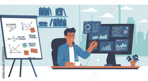 Businessman Analyzing Data on Computer Screens in Office