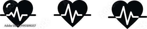 Three black vector icons of heart shapes containing a white electrocardiogram pulse line symbol Vector