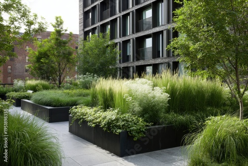 Green spaces are found in urban areas with plants and grasses growing in boxes next to buildings on a sunny day in a city