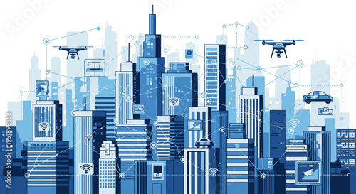 Futuristic Cityscape with Drones and Self Driving Car