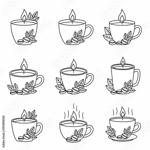 Stylized candle in mug with coffee beans and leaves suitable for decoration or thematic graphics this art is ready for various design applications and creative projects line art design idea