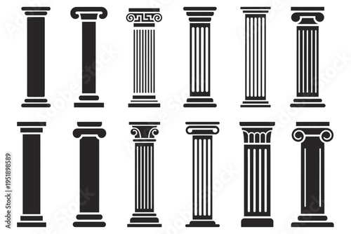 Greek Columns Architecture Icons Classic Ancient Pillar Silhouette Outline Temple Design Construction Decoration Vector Illustration Isolated White Background