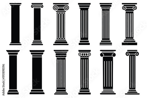 Greek Columns Architecture Icons Classic Ancient Pillar Silhouette Outline Temple Design Construction Decoration Vector Illustration Isolated White Background