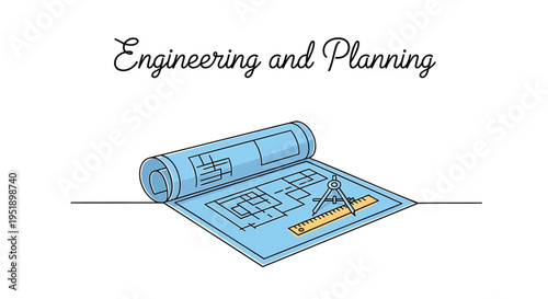 Vector illustration of blueprint and pencil for engineering and planning