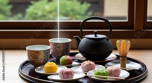 Traditional Japanese tea set with colorful wagashi sweets on a tray