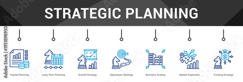 Strategic Planning  Modern and clean web banner illustration vector featuring thematic icons