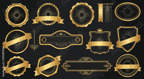 Collection of Golden Badge Emblems for Product Labels Awards and Celebrations Shiny Metal Stamps of Excellence and Quality for Premium Branding and Recognition with Detailed Design Elements