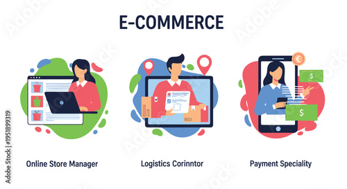 Set of 3 e-commerce icons vector, online store manager, logistics coordinator, payment specialist