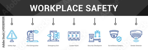 Workplace Safety  Modern and clean web banner illustration vector featuring thematic icons
