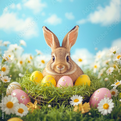 A cute Easter bunny with a basket of colored eggs and spring flowers, traditional holiday card