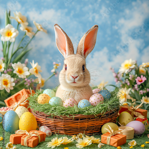 A cute Easter bunny with a basket of colored eggs and spring flowers, traditional holiday card
