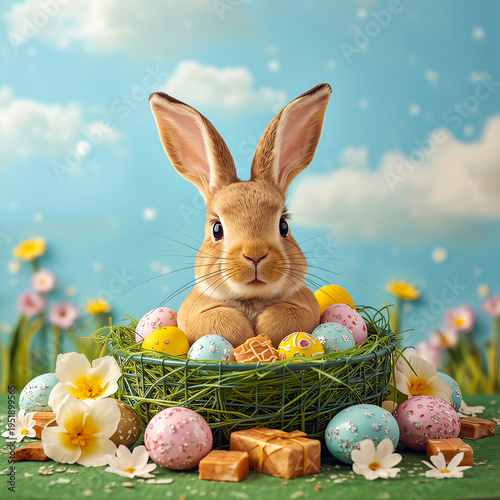 A cute Easter bunny with a basket of colored eggs and spring flowers, traditional holiday card
