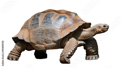 Detailed view of a large terrestrial tortoise with a distinctive domed shell and scaly legs, isolated PNG on transparent background, for animal themes