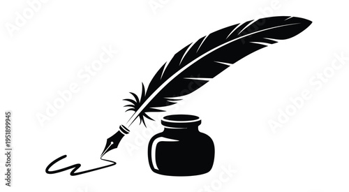 Quill Pen Inkwell Silhouette Classic Writing Literature Vintage Ink Feather Calligraphy Antique Communication History Author Manuscript Script Illustration Vector Design
