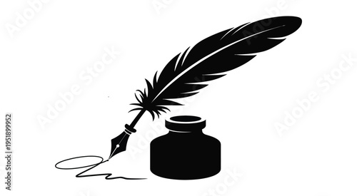 Quill Pen Inkwell Silhouette Classic Writing Literature Vintage Ink Feather Calligraphy Antique Communication History Author Manuscript Script Illustration Vector Graphic